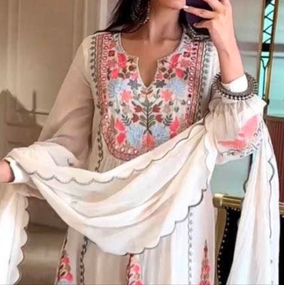 India Boutique Floral Embroidered Long Sleeve Dress - Cream and Pink